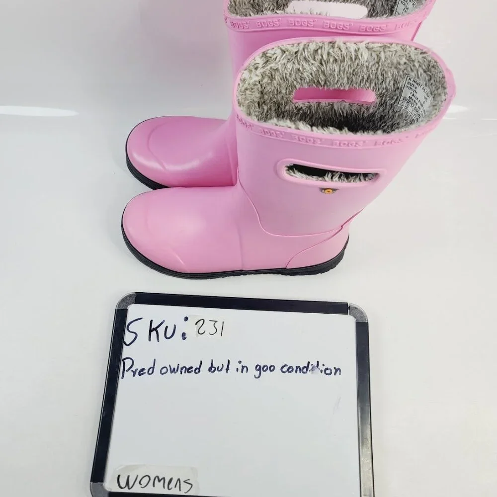 Bogs Girl's‎ Pink Gray Classic II Rubber Fur Mid-Calf Rain Boots Size 6
